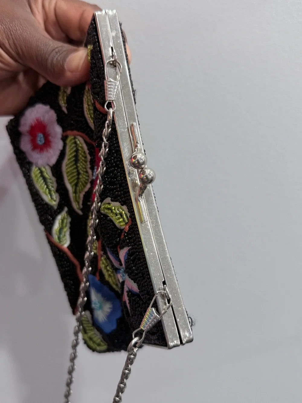 Embroidered Floral Beaded Black Evening Clutch with Chain